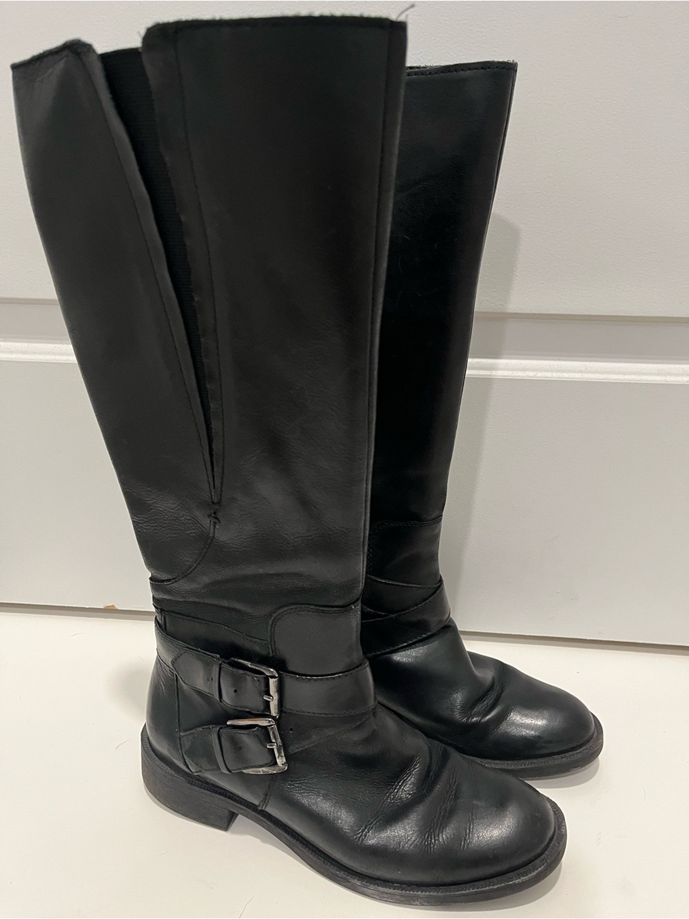 Clarks Mullin Spice Black Leather Tall Riding Boots with Buckle Straps